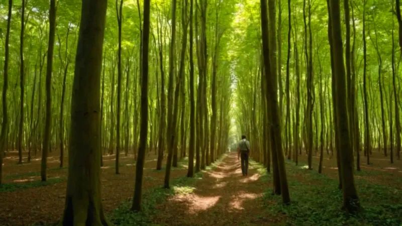 Hombre solitario en la plantación iluminada