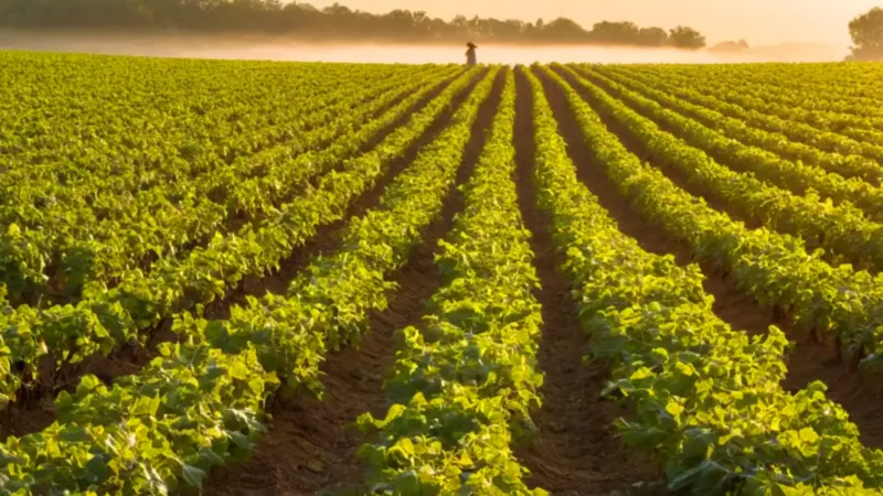 Campesino cuida la plantación al atardecer