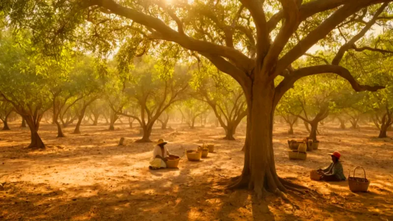 Una figura recoge anacardos bajo el sol