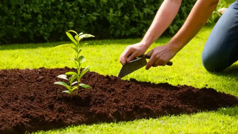 Alguien planta una flor en el jardín