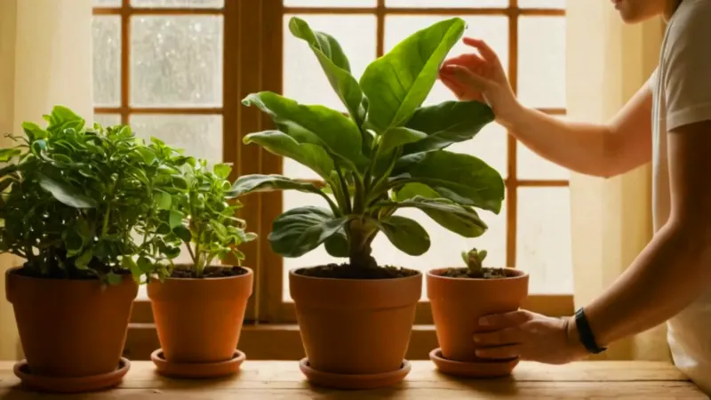 Persona cuidando plantas en una habitación luminosa