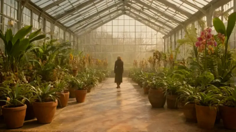 Un invernadero brumoso con una figura