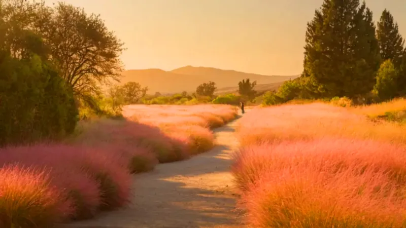 Jardín rosa brilla en el atardecer