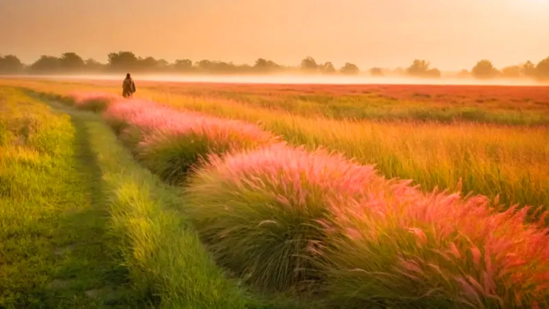 Silueta al atardecer en el campo rosa