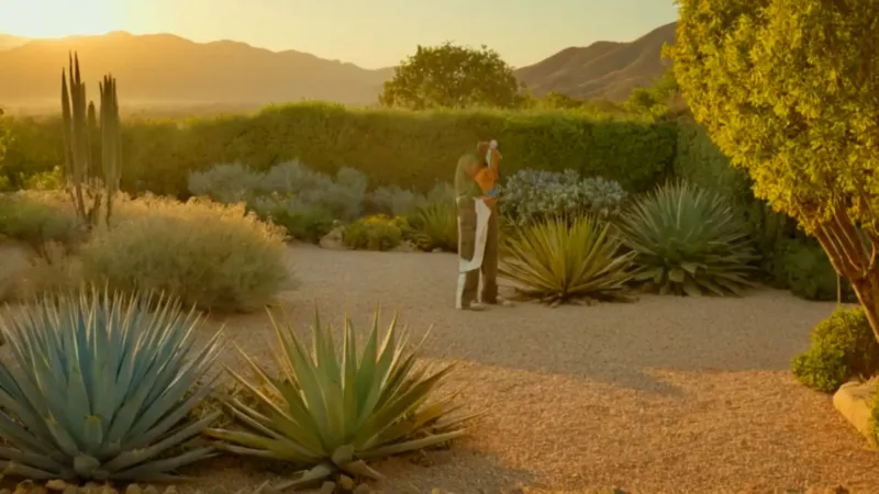 Figura cuidando un jardín al atardecer