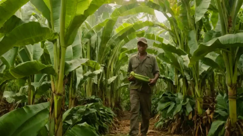 Trabajador cosechando plátanos en la plantación