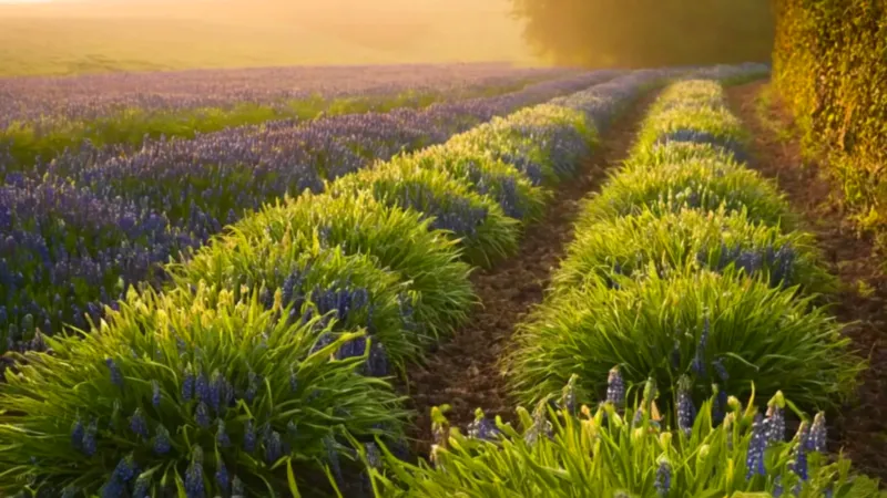 Alguien cuida un campo de jacintos
