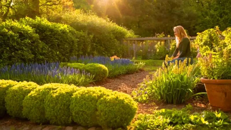 Persona cuidando el jardín al atardecer