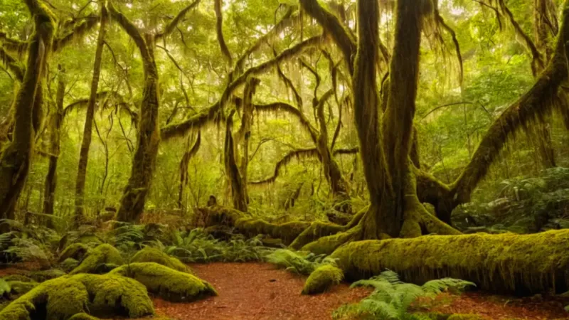 Figura solitaria en un antiguo bosque iluminado