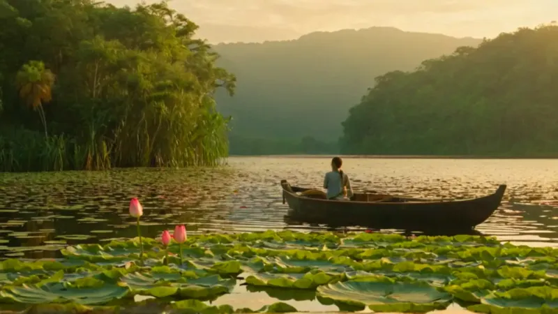 Barca solitaria en un lago de lotos