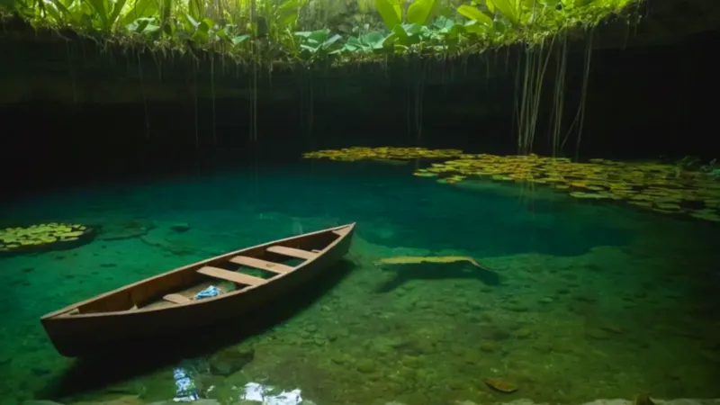 Figura solitaria navega un cenote iluminado