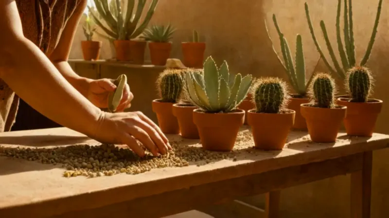 Alguien cuida agaves en el invernadero