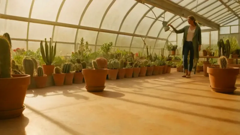 Persona entre plantas en un invernadero soleado