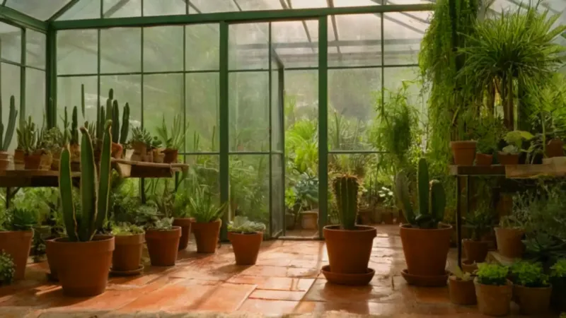 Una persona cuida plantas en el invernadero