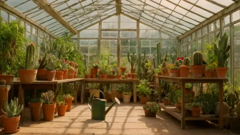 Alguien riega cactus en un invernadero