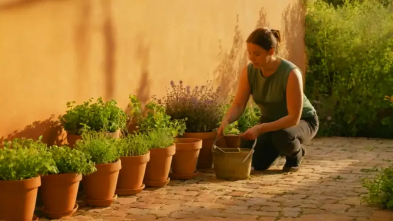 Persona cuidando sus plantas al atardecer