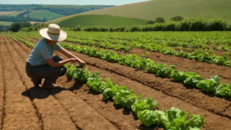 Una figura cuida el huerto soleado