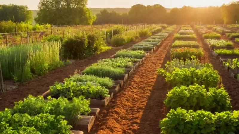 Persona cultivando un huerto al atardecer