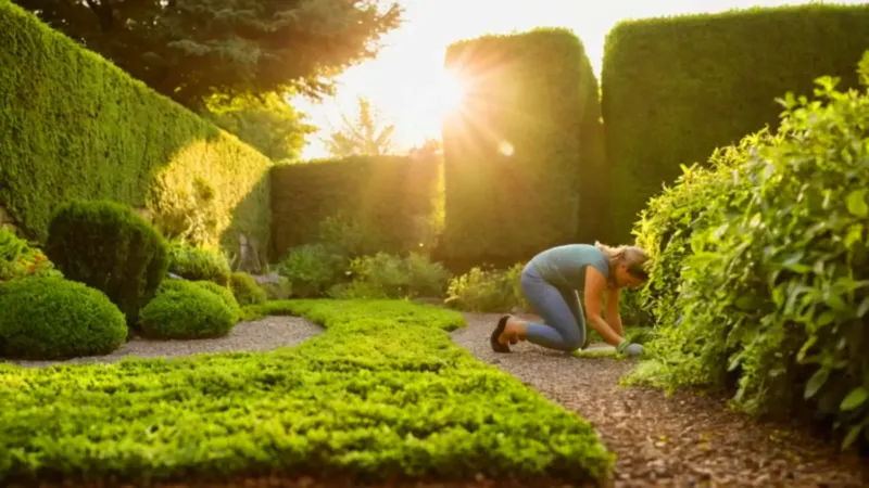 Una persona cuida el jardín al atardecer