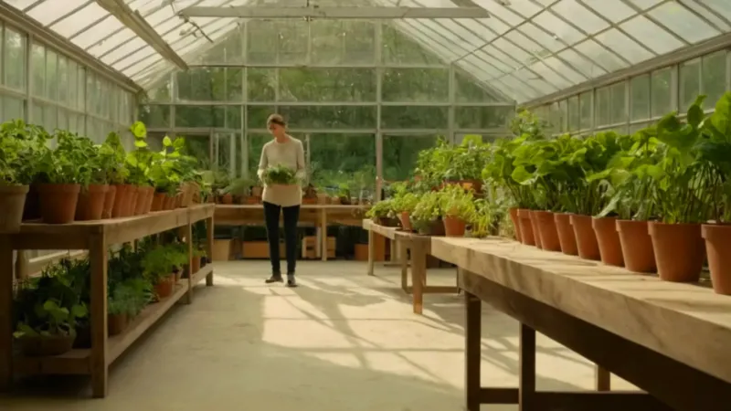 Una persona cuida plantas en un invernadero