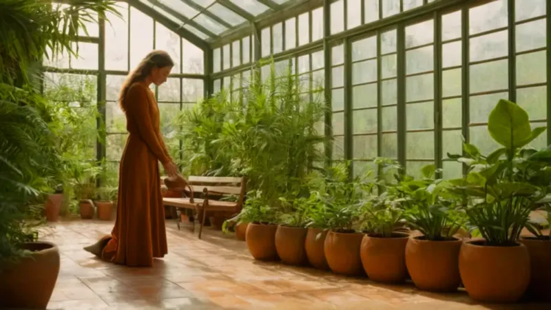 Persona cuida plantas en un invernadero