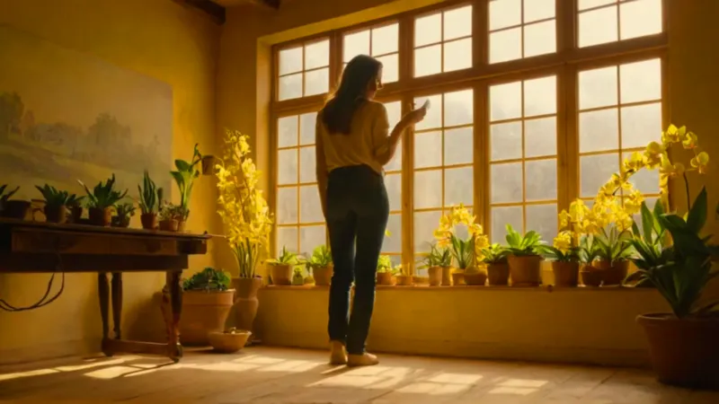 Una silueta cuida una orquídea iluminada