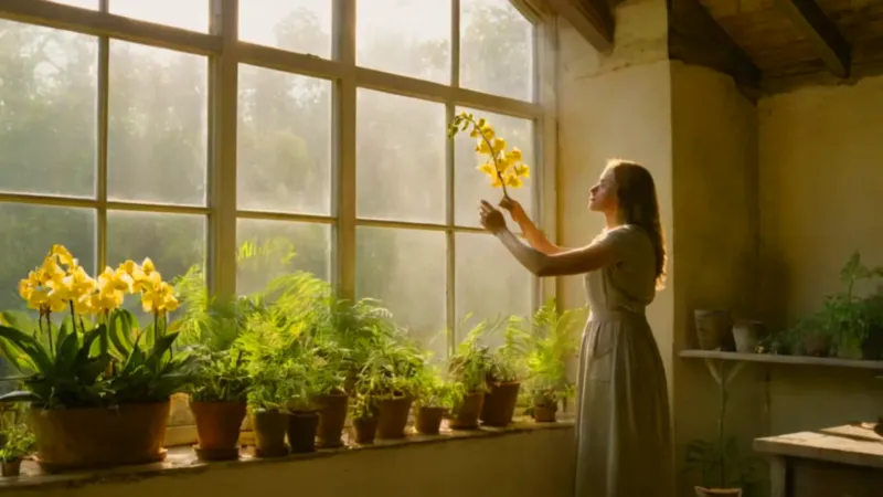 Mujer cuidando plantas en un invernadero luminoso