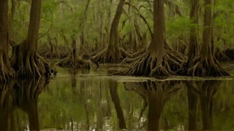 Una figura atraviesa el denso pantano