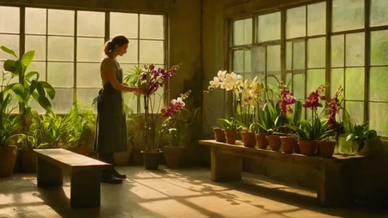 Una persona cuida orquídeas en un invernadero