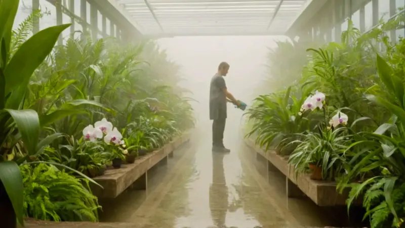 Una persona rocía plantas en un invernadero