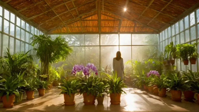 Alguien cuida orquídeas en un invernadero