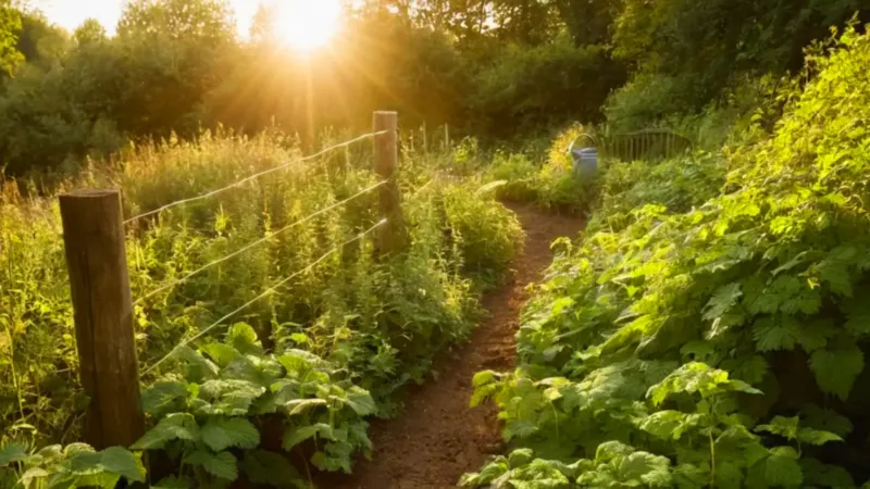 Jardinero cuida ortigas en el atardecer