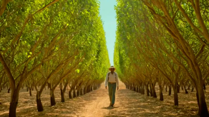 Alguien inspecciona un aguacatal bajo el sol