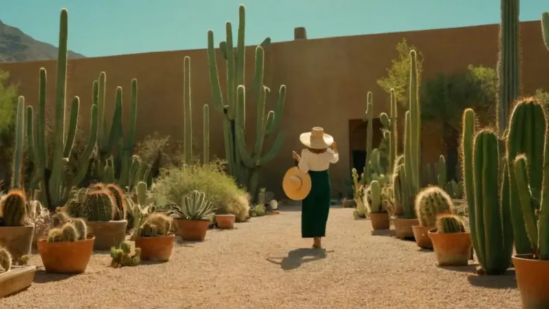 Persona regando cactus en un patio soleado