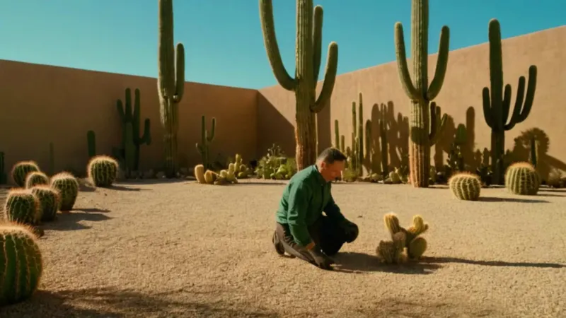 Persona trabajando en un jardín de cactus
