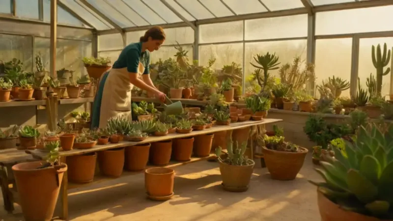 Una persona cuida suculentas en el invernadero