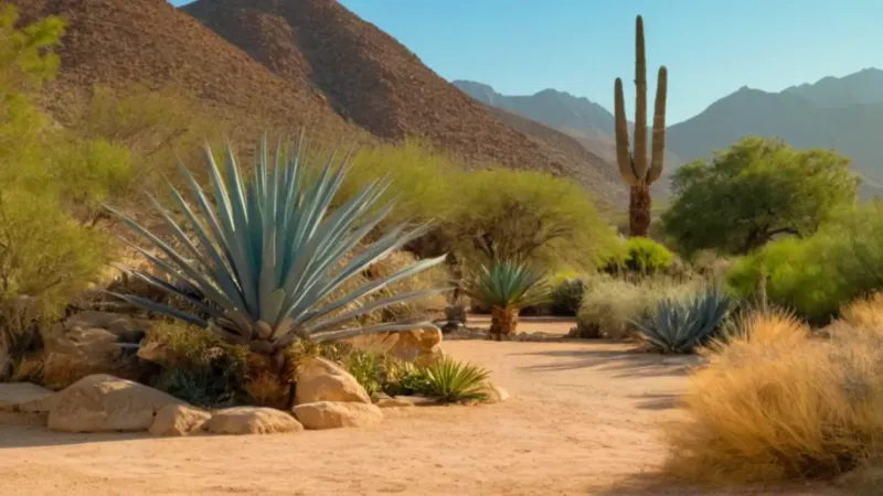 Figura cuida un jardín desértico al atardecer