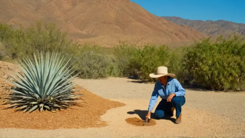 Un jardinero cuida un jardín desértico