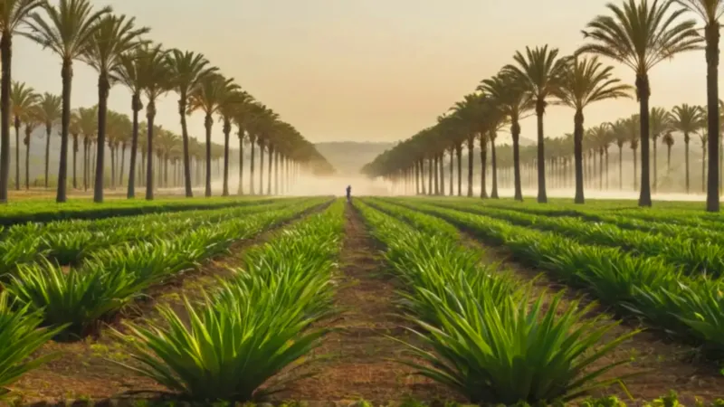 Hombre riega un inmenso vivero de palmeras