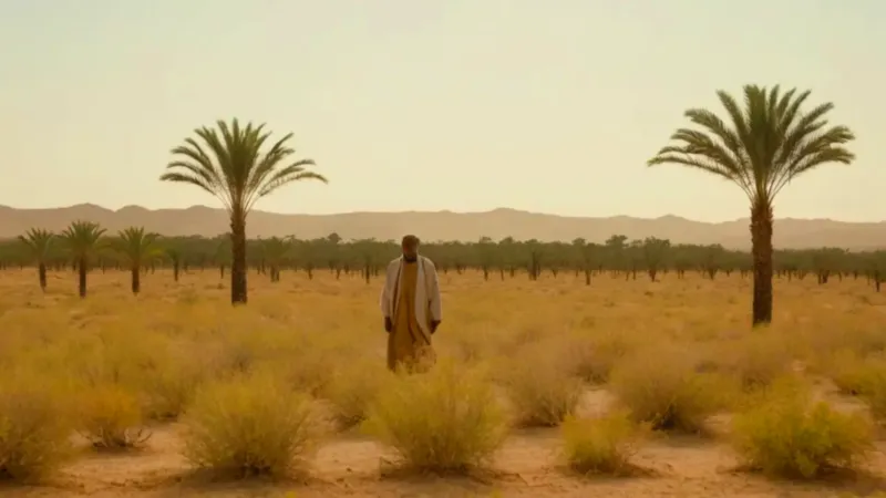 Una figura solitaria en un palmeral árido