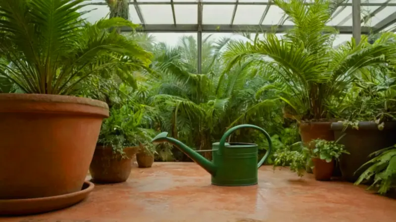 Alguien riega plantas dentro de un invernadero