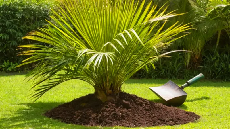 Un jardinero planta una palmera