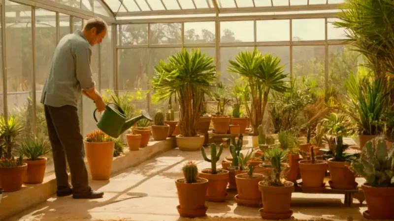 Alguien riega plantas dentro del invernadero