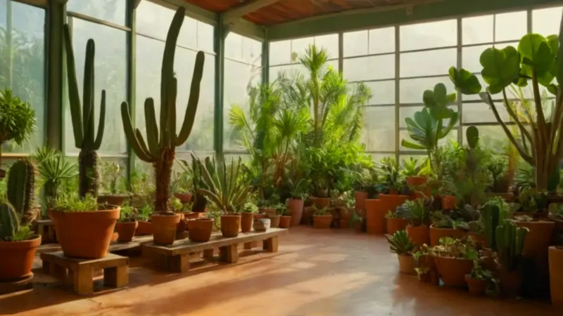 Una persona en un frondoso invernadero