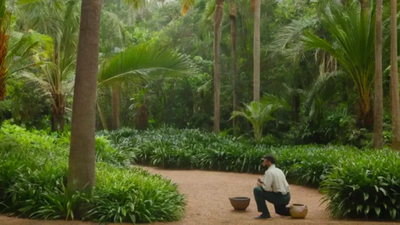Un jardinero cuida un jardín de palmeras