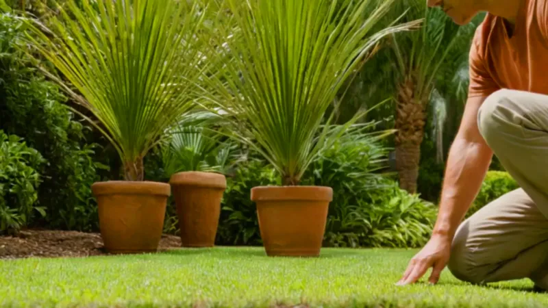 Una persona cuida palmeras en un jardín