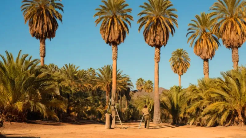 Un trabajador poda palmeras bajo el sol