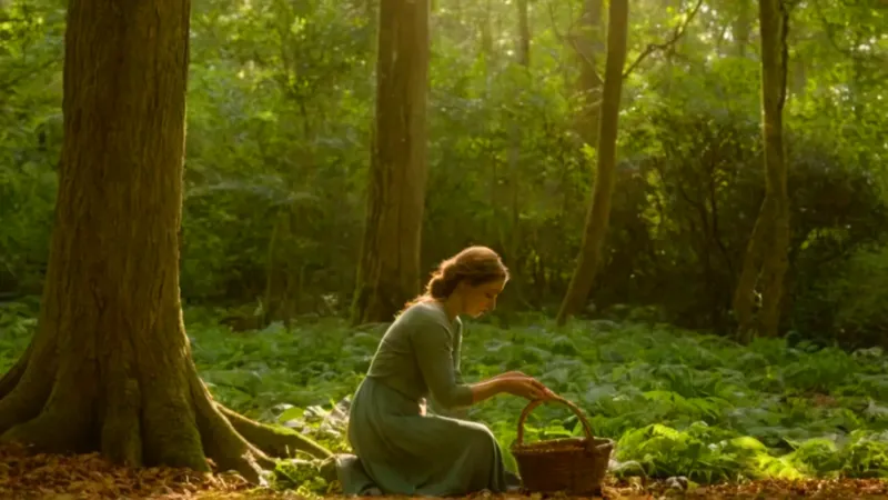 Mujer cuida una planta en la selva