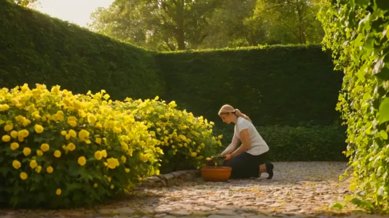 Persona cuidando flores en un jardín