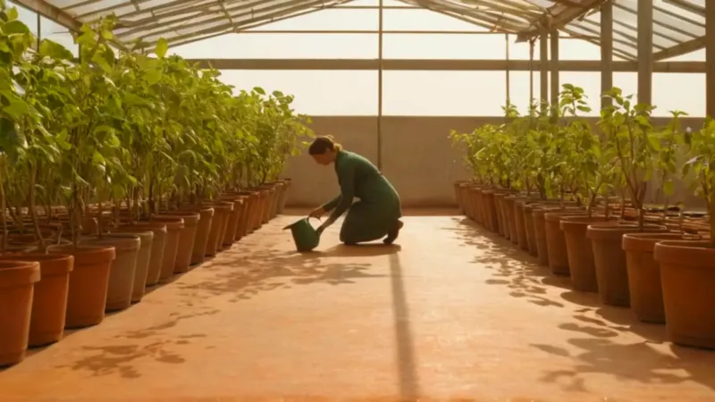 Alguien riega plantas en el invernadero